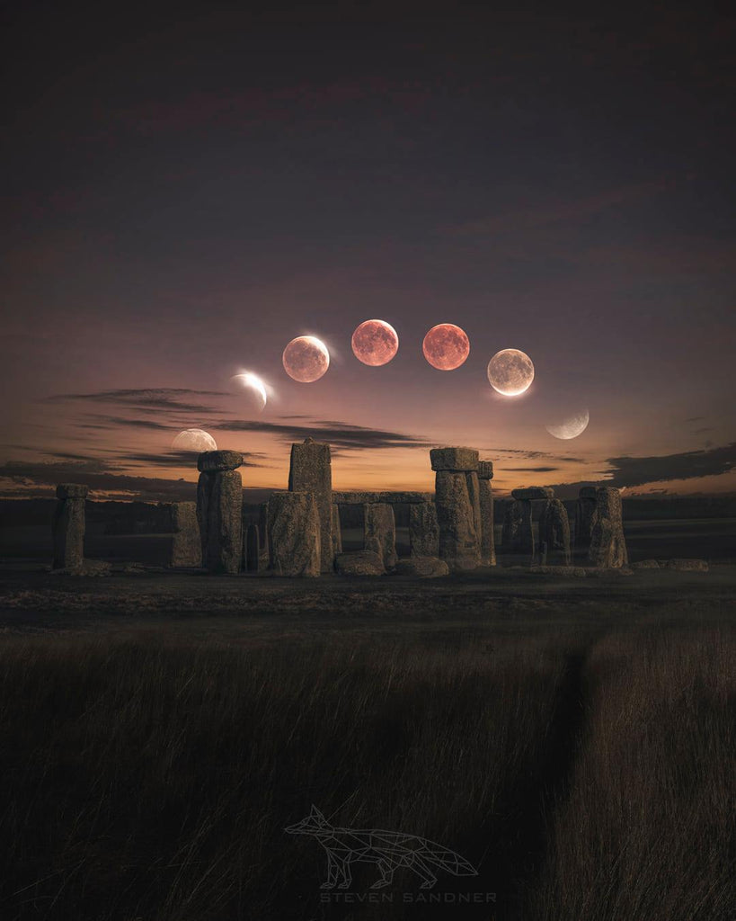 Blood moon eclipse over Stonehenge in Wiltshire, UK