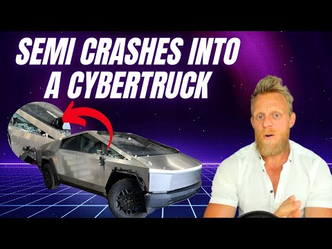 A Semi truck crashed into a parked Tesla Cybertruck
